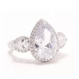 💎 Diamonique x Jennifer Miller Mega Pear Halo Ring • Sterling Silver 925 Size 6